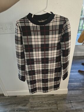 Girls Plaid Knit Long Sleeve Sweater Dress - Black, White & Red